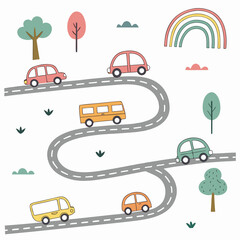 Winding Road with Colorful Cars Vector Illustration