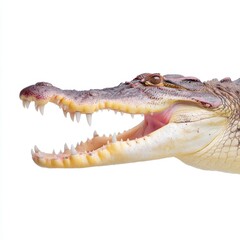 Obraz premium Freshwater crocodile with open jaws displaying sharp teeth on a white background for wildlife and nature themes