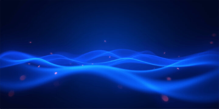 Blue abstract background with glowing stars and flowing waves