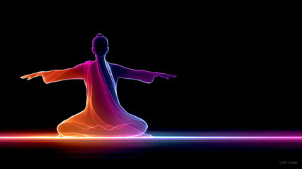 Abstract 3D render of a glowing neon meditative silhouette with vibrant energy flows. Ideal for yoga blogs, wellness apps, and spirituality websites. black, background
