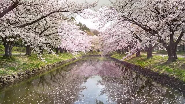 Blossom-Lined Path A perspective shot down a winding, empty path or lane completely bordered by mature cherry blossom trees in full bloom. The trees form a beautiful, natural tunnel or archway of
