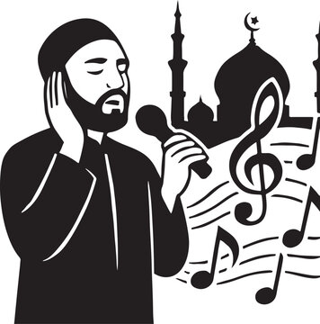 Muslim man singing nasheed with microphone on mosque and musical notes background