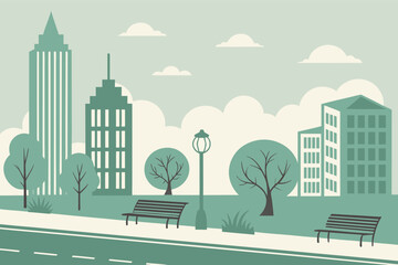 Modern City Skyline Vector Illustration with Urban Park Scene