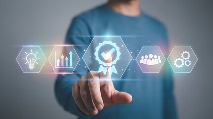 Businessman engaging with futuristic interface for business growth and innovation