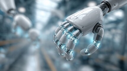 Robot hand with glowing joints symbolizing artificial intelligence and advanced automation in manufacturing