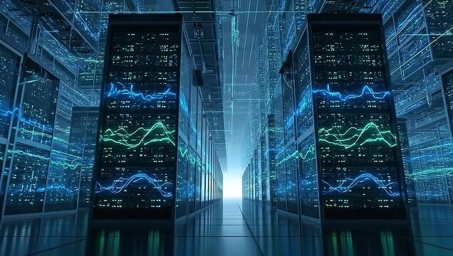 Data Center Servers Illuminated in Blue and Green Lights for Processing.