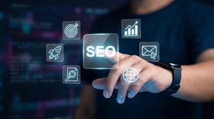 Person optimizing SEO strategy with digital icons and glowing graphs, representing online business growth and development.