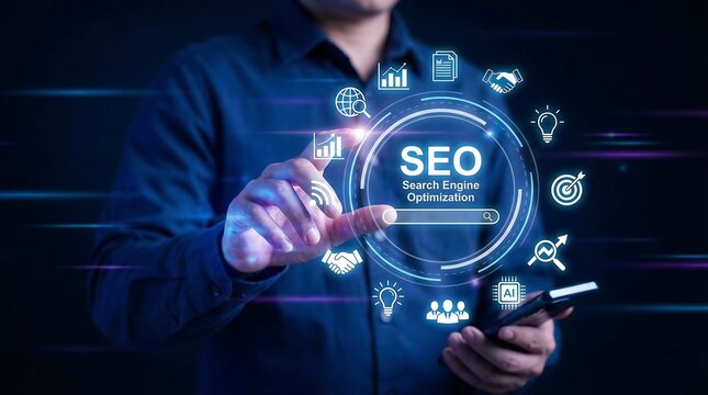 Man in modern dark workspace optimizing SEO strategy on smartphone, surrounded by glowing icons and graphs, representing digital marketing and online business growth. - Powered by Adobe