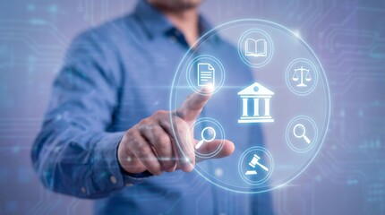 Businessman engaging with digital law and justice icons on a futuristic interface, conveying innovation and professionalism in a modern setting.