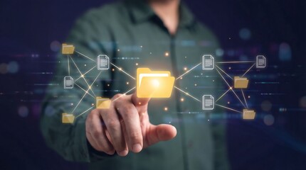 A man interacts with a digital file system on a dark background, representing modern technology and data management in a professional setting.