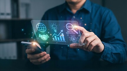 Businessman engaging with digital marketing concepts on smartphone, symbolizing innovation and strategy.