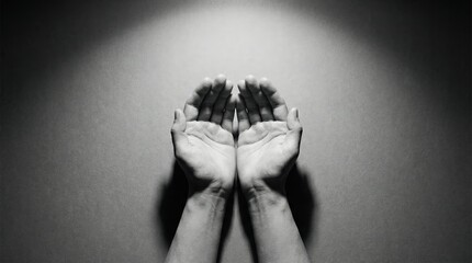 Two adult hands cupped together and reaching upwards in a dramatic, isolated black and white studio setting with ample copy space