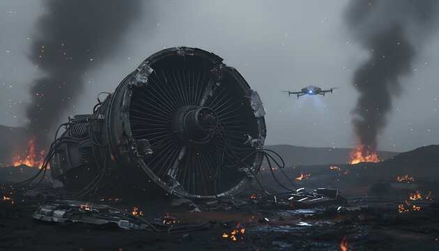 Drone inspects crashed jet engine on burning landscape