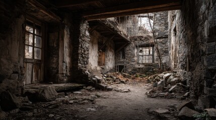 Abandoned stone building ruins interior decay
