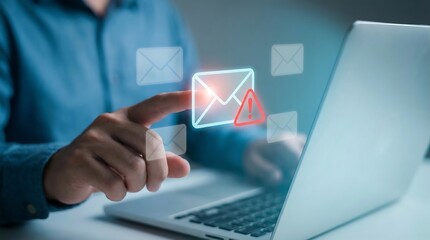 A man interacts with a warning email icon on his laptop keyboard, conveying a sense of concern and caution in a professional office setting.