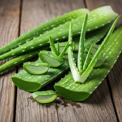 Fresh Aloe Vera Leaves on Wood.