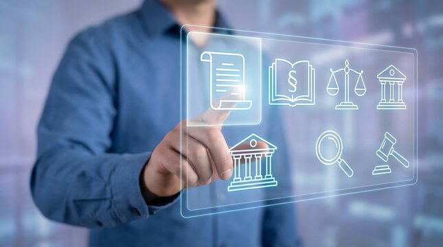 Businessman engaging with virtual interface of law and finance icons, representing modern legal and financial technology solutions for professionals. - Powered by Adobe