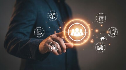 Businessman engaging with digital marketing icons to target audience and achieve business goals