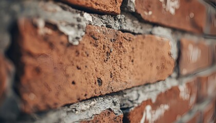 Close up of weathered red bricks with crumbling mortar texture detail