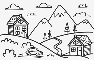 Hand-Drawn Mountain Village Scene with Houses and Road