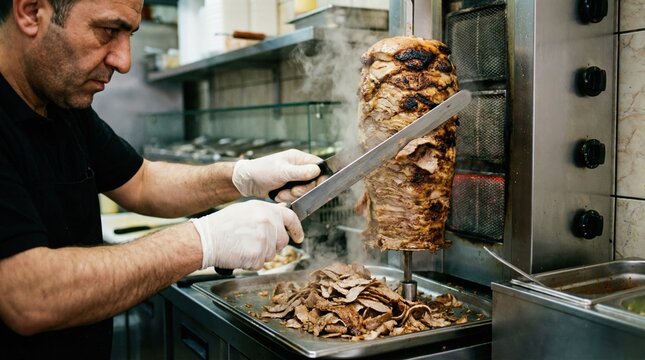 Middle aged food vendor wearing gloves slicing hot steaming doner kebab meat off a vertical rotisserie in a restaurant kitchen - Powered by Adobe