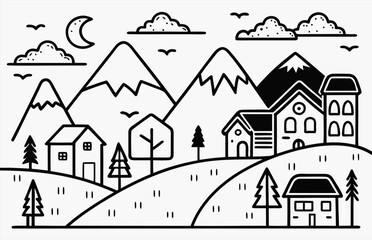 Hand-Drawn Mountain Village Vector Landscape Illustration