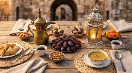 Traditional middle eastern iftar or suhoor meal spread with dates, dried fruits, soup, and a lit fanous lantern on a rustic wooden table in a historic arab courtyard setting