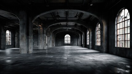 Obraz premium Dark industrial interior with large arched windows