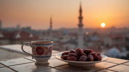Ramadan coffee and dates on balcony at sunset with copy space for hospitality
