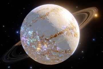Stunning View of a Glimmering Planet Surrounded by Vibrant Rings and Distant Stars, Perfect for Sci-Fi and Astronomy Enthusiasts, Illustrating Cosmic Beauty and Wonder