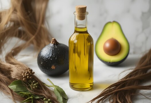 Avocado oil: a natural elixir for vibrant and healthy hair displayed with fresh fruit. avocado oil hair