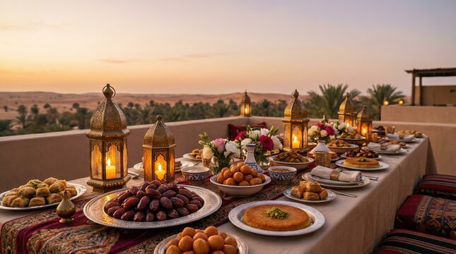 A lavish table is set with traditional dates, kunafa, and sweets, illuminated by ornate brass lanterns overlooking a desert oasis at sunset for a ramadan iftar celebration.