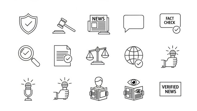 Collection of icons representing legal and news verification, including documents, scales of justice, newspapers, fact checks, and microphones, symbolizing truth and accuracy