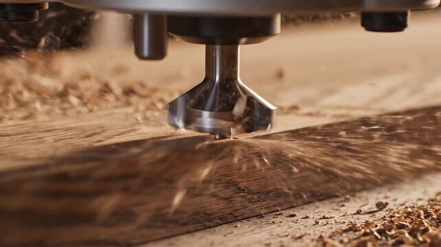 Close Up Of A Metal Router Bit Carving Into A Wood Surface Creating Sawdust And Wood Shavings Detailed Texture Of Natural Material Being Shaped By Industrial Tool With Dramatic Lighting Creating