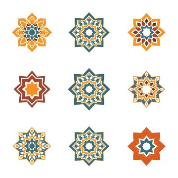 Collection of flat style vector icons set with Arabic Oriental decorative elements theme. Arabic ornament Arabes, arches, borders. Traditional Pattern