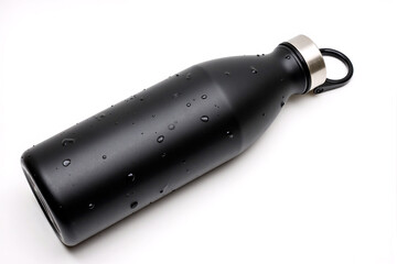 Fototapeta premium Fresh cold black metal reusable water bottle with water condensation droplets lying on a white background representing hydration and sport lifestyle