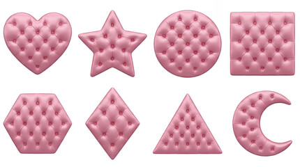 Fototapeta premium Pink tufted leather shape set including heart, star, circle, square, hexagon, diamond, triangle, and moon isolated. Luxury upholstery and soft furniture elements.