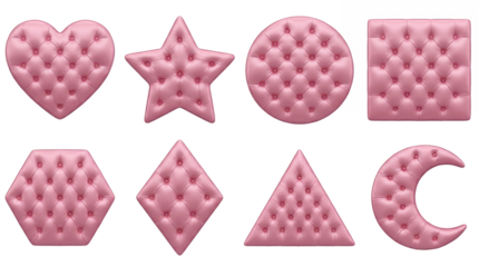 Pink tufted leather shape set including heart, star, circle, square, hexagon, diamond, triangle, and moon isolated. Luxury upholstery and soft furniture elements.