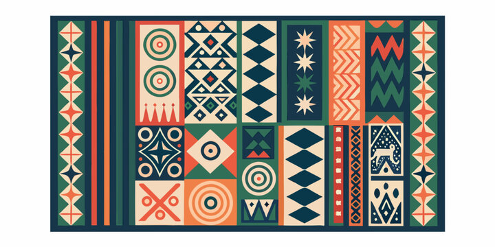 Geometric african inspired textile pattern with repeating colorful block motifs