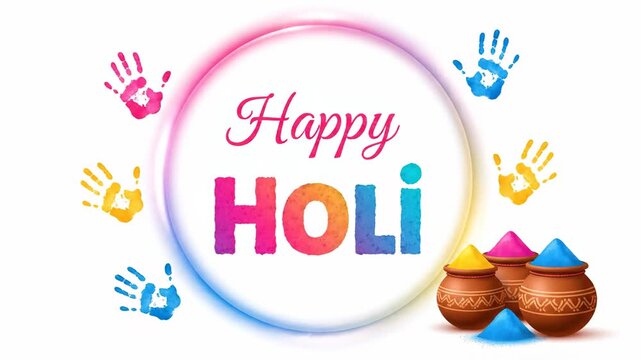Happy Holi Festival Colors Greeting Illustration Handprints Pots