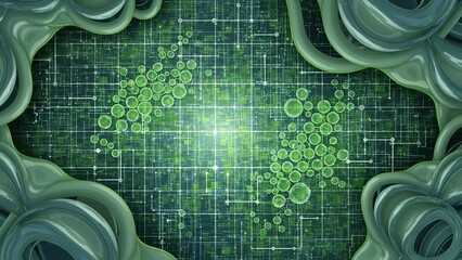 Glowing green circuit board with swirling patterns and grid background futuristic technology concept