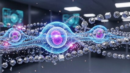 Vibrant purple and blue molecular structure with glowing particles in a futuristic laboratory setting with neon lights