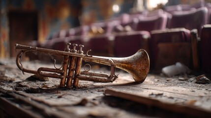 Old trumpet on a derelict stage