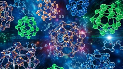Molecular structures in space with glowing connections and vibrant colors representing science and technology