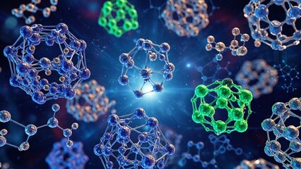 Vibrant molecular structures with glowing connections float in a dark blue space with radiant light
