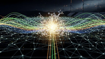 Vibrant network connections with glowing lines and nodes exploding in a futuristic digital landscape at night