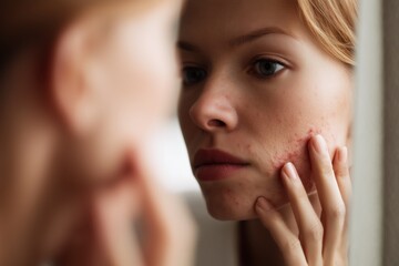 Woman Checking Facial Skin Redness and Acne Problem in Mirror