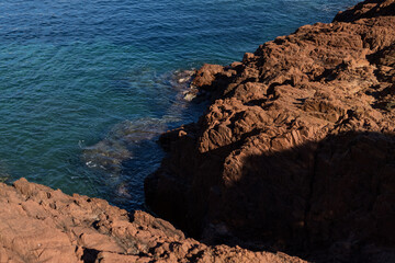 French Riviera coast with red rocks in Saint Raphael
