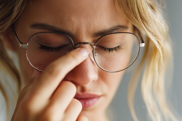 Woman Experiencing Eye Strain and Headache While Removing Eyeglasses