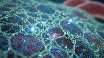 Close up of a vibrant green and blue neural network with glowing nodes on a dark background with red shapes